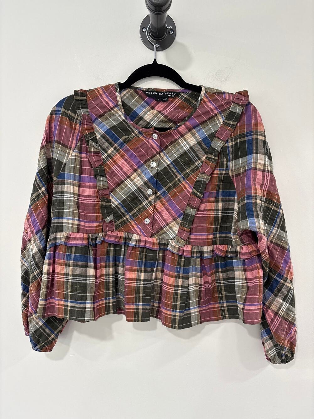 Veronica Beard Ruffle Plaid Multi Colored Metallic Blouse Size 2